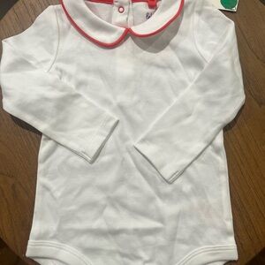 Boden Ivory Baby Onesie with Red Trim